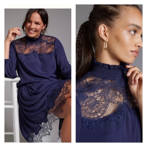 NWT MAGALI PASCAL x Revolve Clemence Lace Mini Dress Long Sleeve Navy Blue Small - Picture 4 of 8